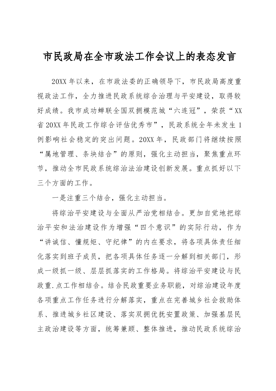 市民政局在全市政法工作会议上的表态发言.docx,第1页预览