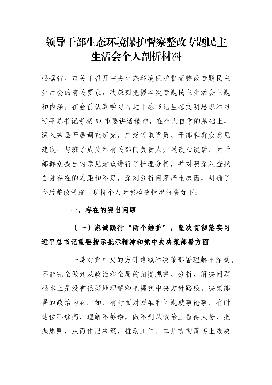 领导干部生态环境保护督察整改专题民主生活会个人剖析材料.docx,第1页预览