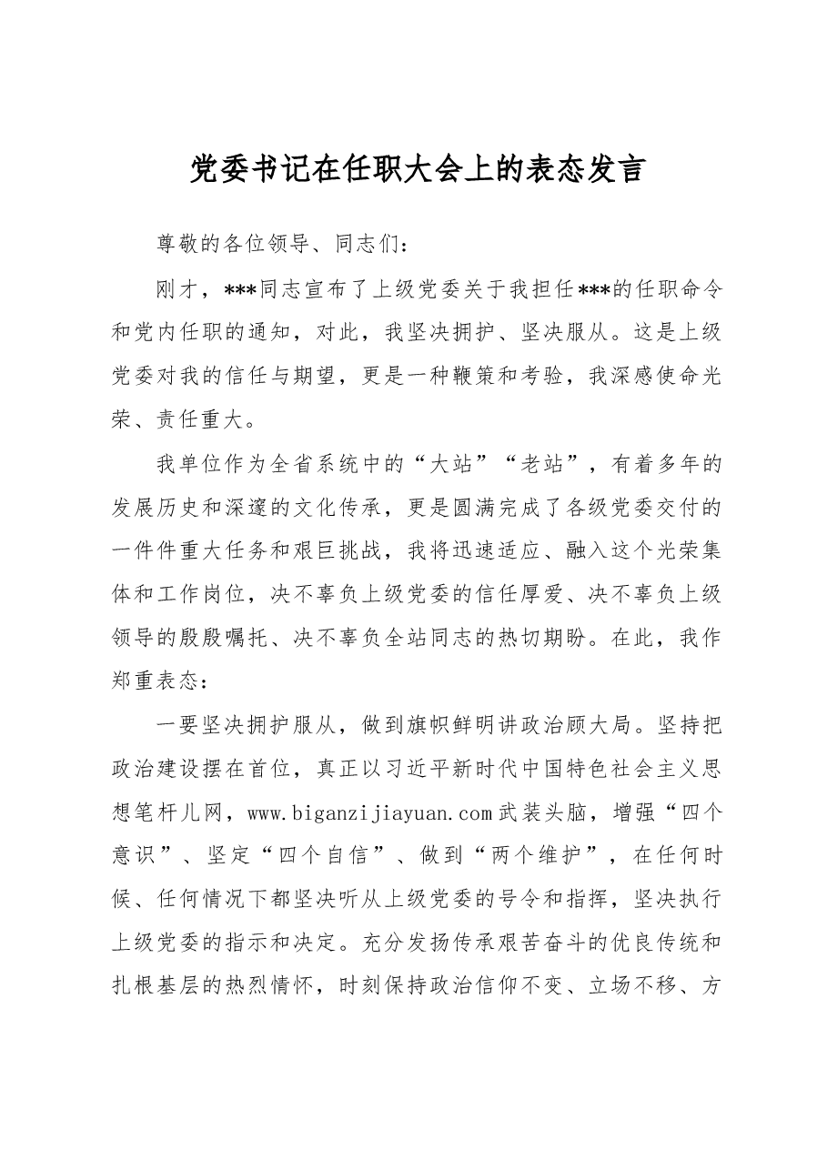 党委书记在任职大会上的表态发言.docx,第1页预览