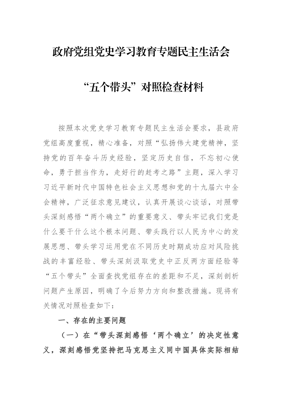 政府党组党史学习教育专题民主生活会“五个带头”对照检查材料.docx，第1页预览