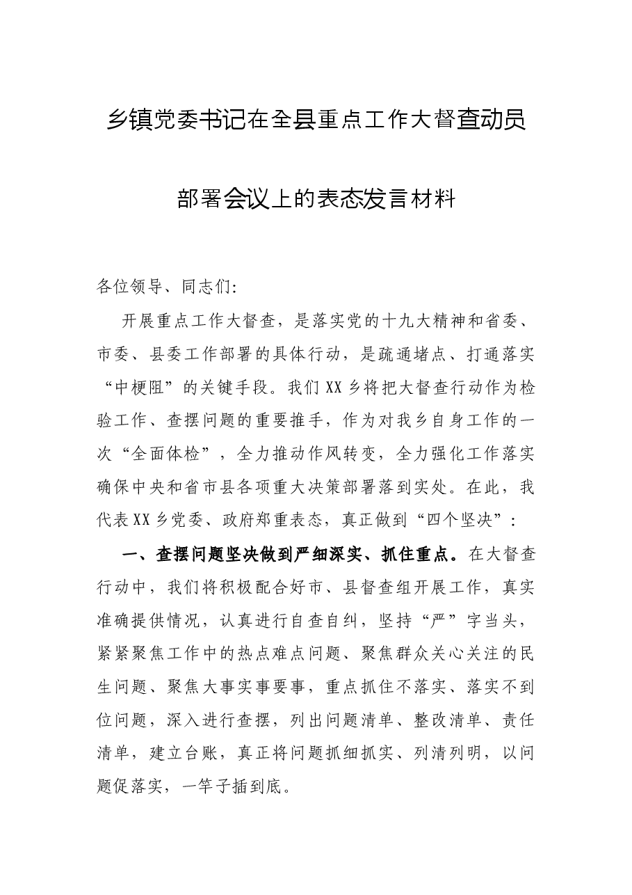 乡镇党委书记在全县重点工作大督查动员部署会议上的表态发言材料.docx,第1页预览