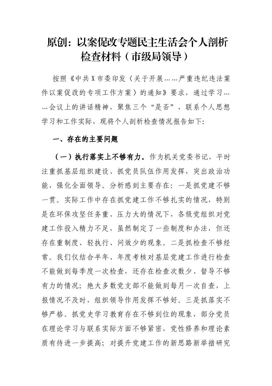 原创:以案促改专题民主生活会个人剖析检查材料(市级局领导).docx,第1页预览