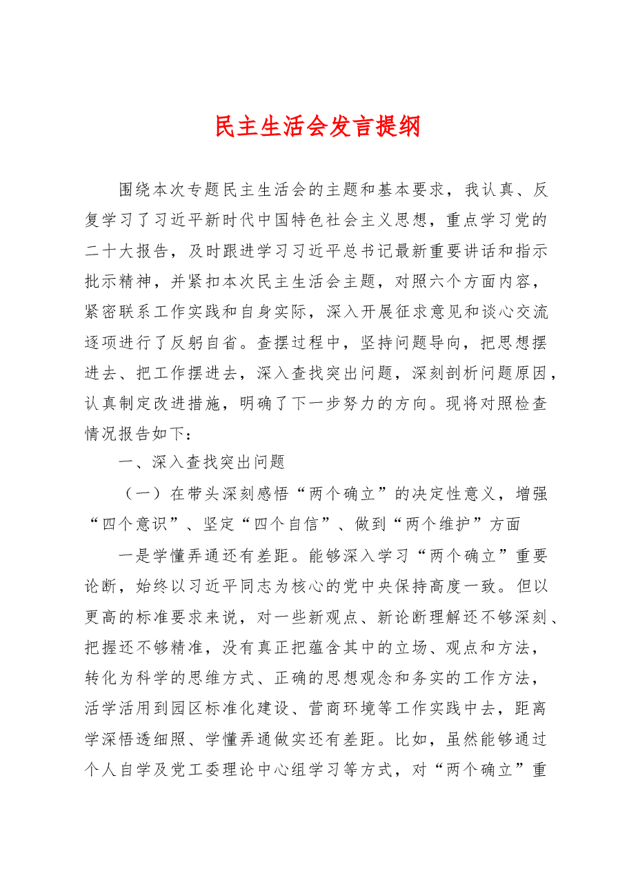 民主生活会发言提纲.doc,第1页预览
