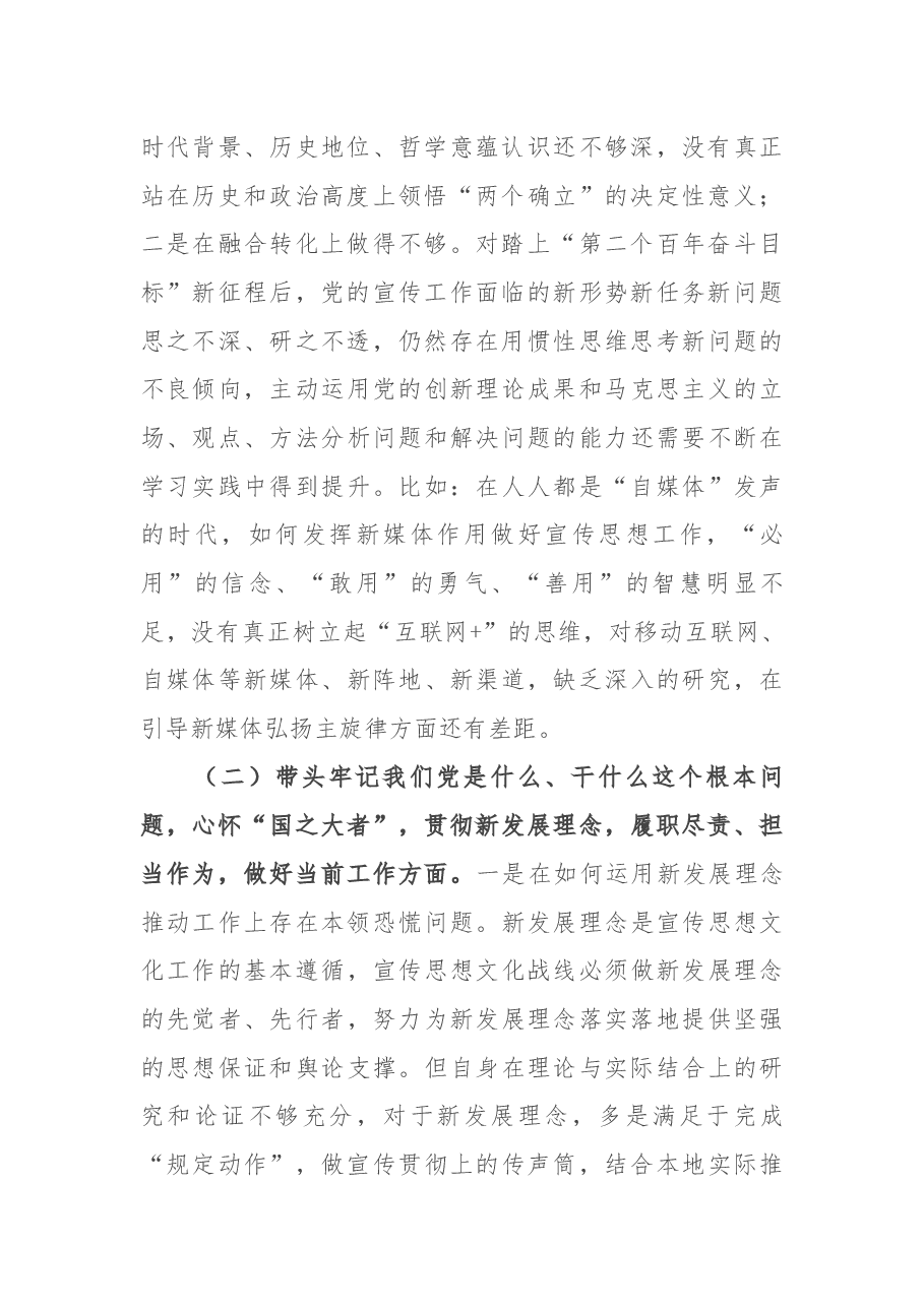 宣传部部长党史学习教育专题民主生活会对照检查材料.docx,第2页预览