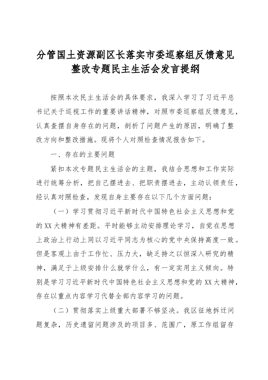 分管国土资源副区长落实市委巡察组反馈意见整改专题民主生活会发言提纲.docx,第1页预览