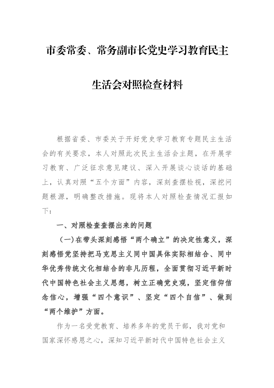 市委常委、常务副市长党史学习教育民主生活会对照检查材料.docx,第1页预览