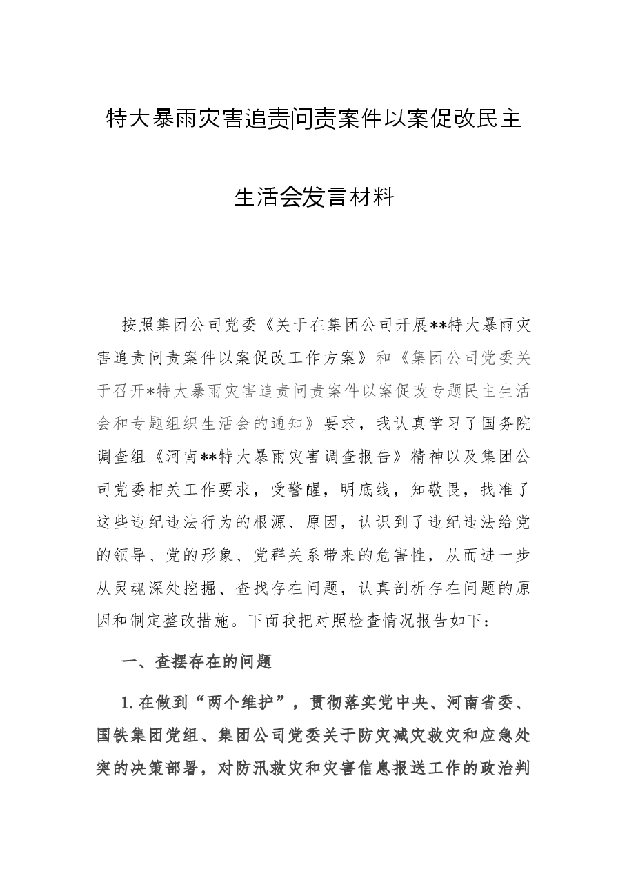 特大暴雨灾害追责问责案件以案促改民主生活会发言材料.docx，第1页预览