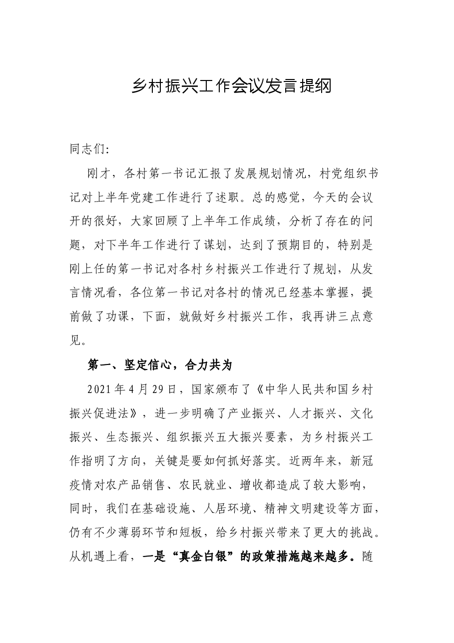 乡村振兴工作会议发言提纲.docx,第1页预览