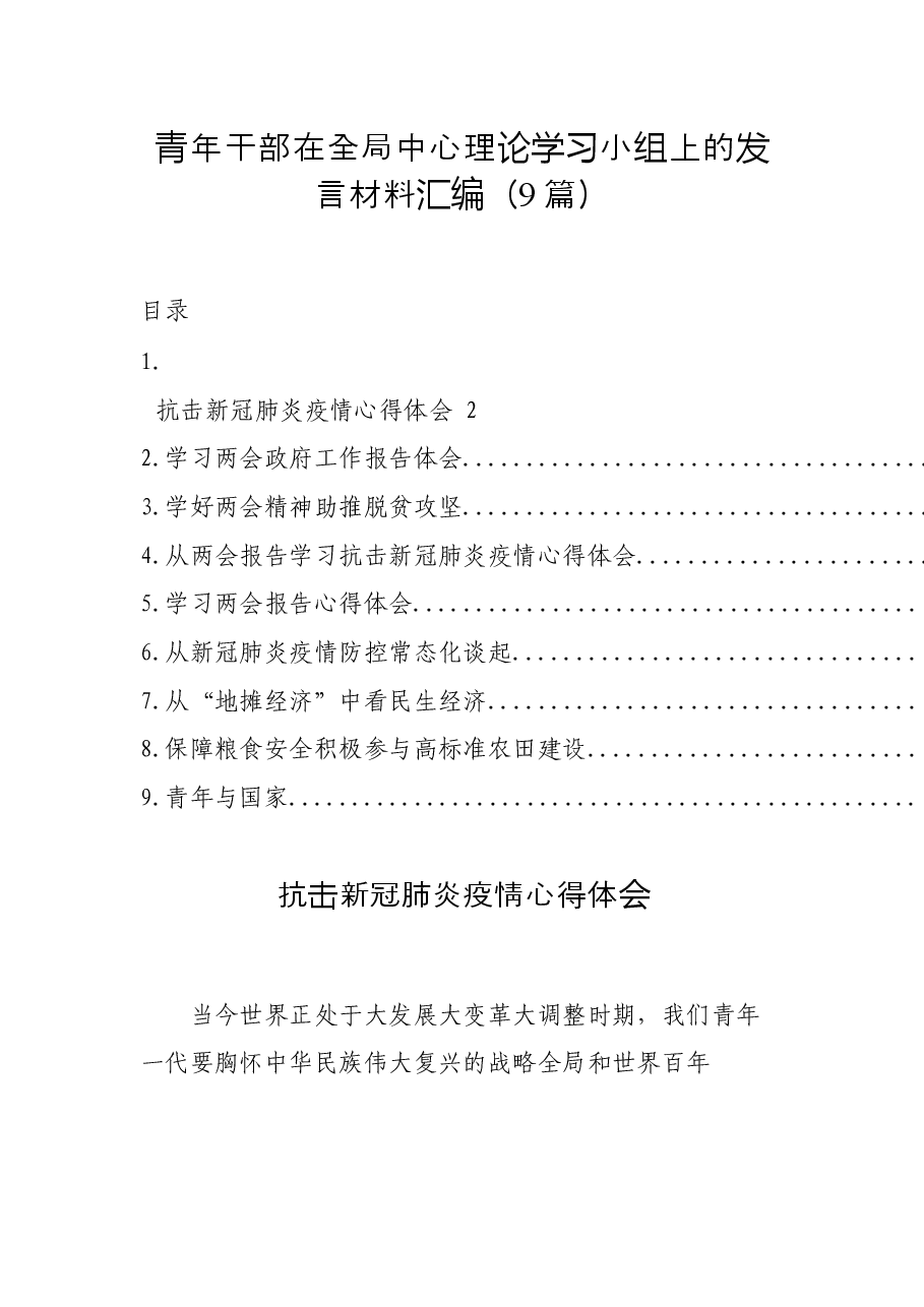 (9篇)青年干部在全局中心理论学习小组上的发言材料.docx,第1页预览