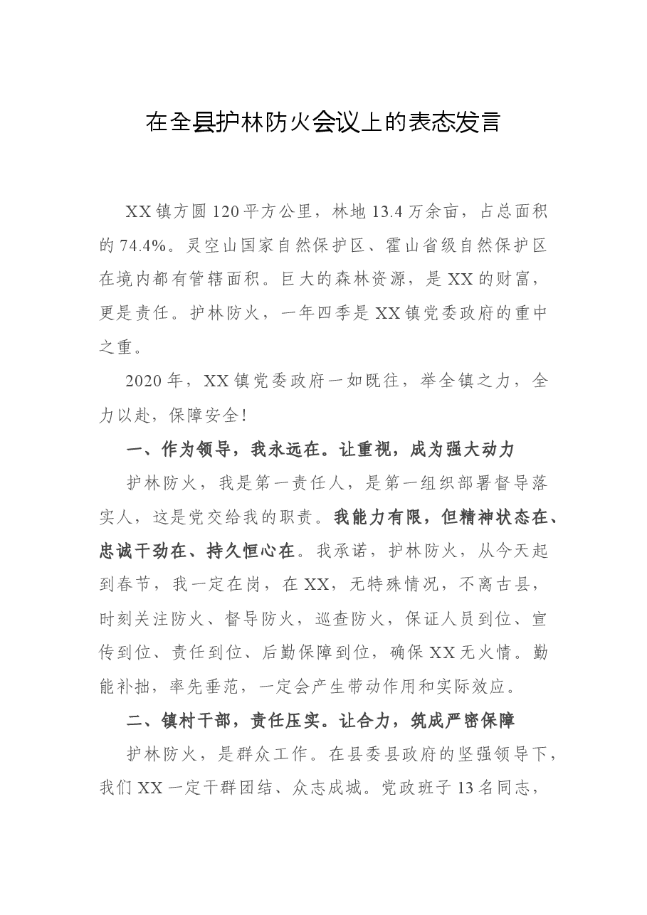 在全县护林防火会议上的表态发言.docx，第1页预览