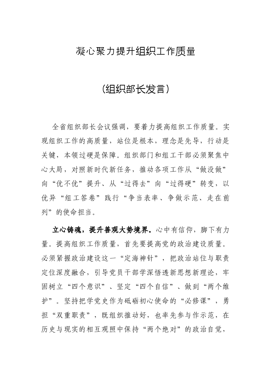 凝心聚力提升组织工作质量(组织部长发言).docx,第1页预览