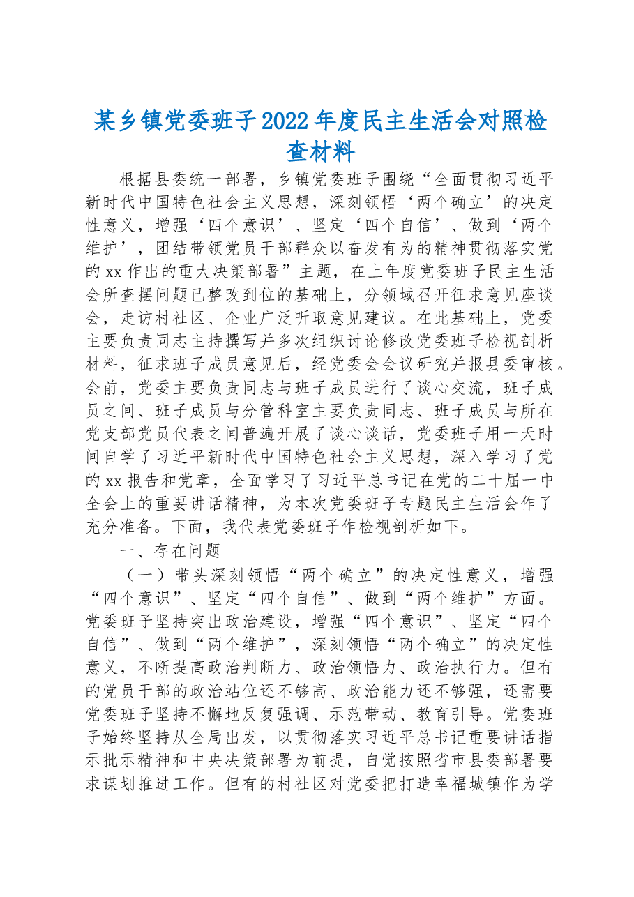 某乡镇党委班子2022年度民主生活会对照检查材料.docx,第1页预览