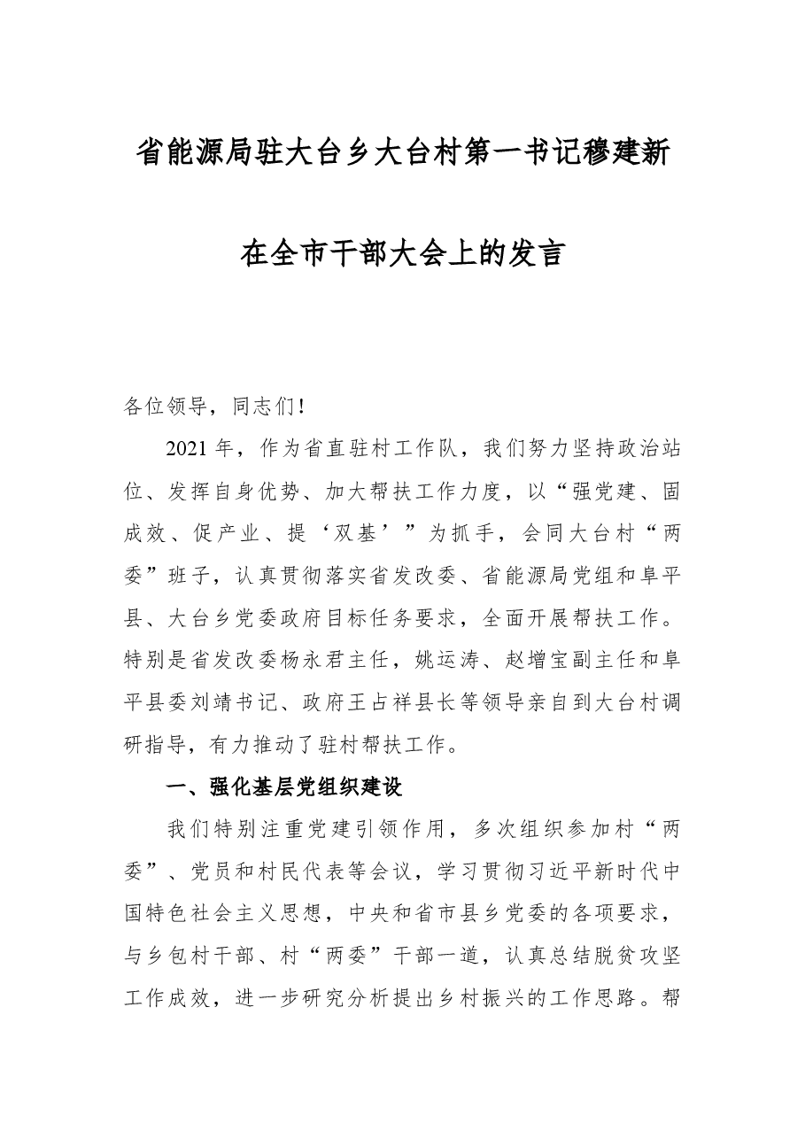 省能源局驻大台乡大台村第一书记穆建新在全市干部大会上的发言.docx,第1页预览