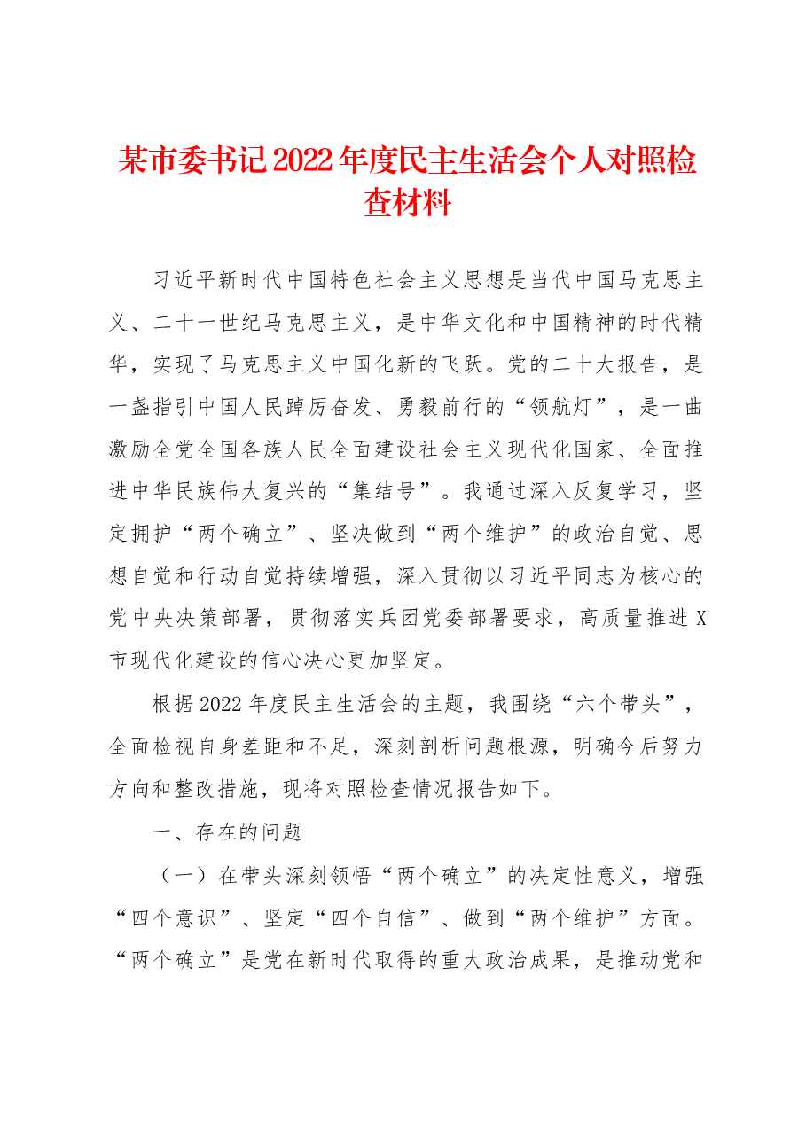 某市委书记2022年度民主生活会个人对照检查材料.docx,第1页预览