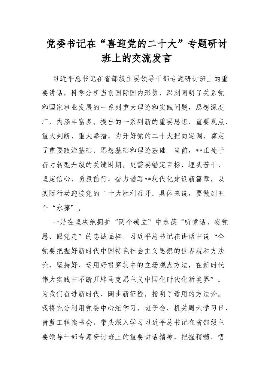 党委书记在“喜迎党的二十大”专题研讨班上的交流发言.docx,第1页预览