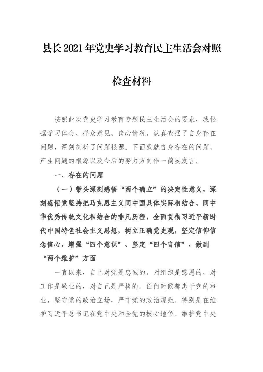 县长2021年党史学习教育民主生活会对照检查材料.docx,第1页预览