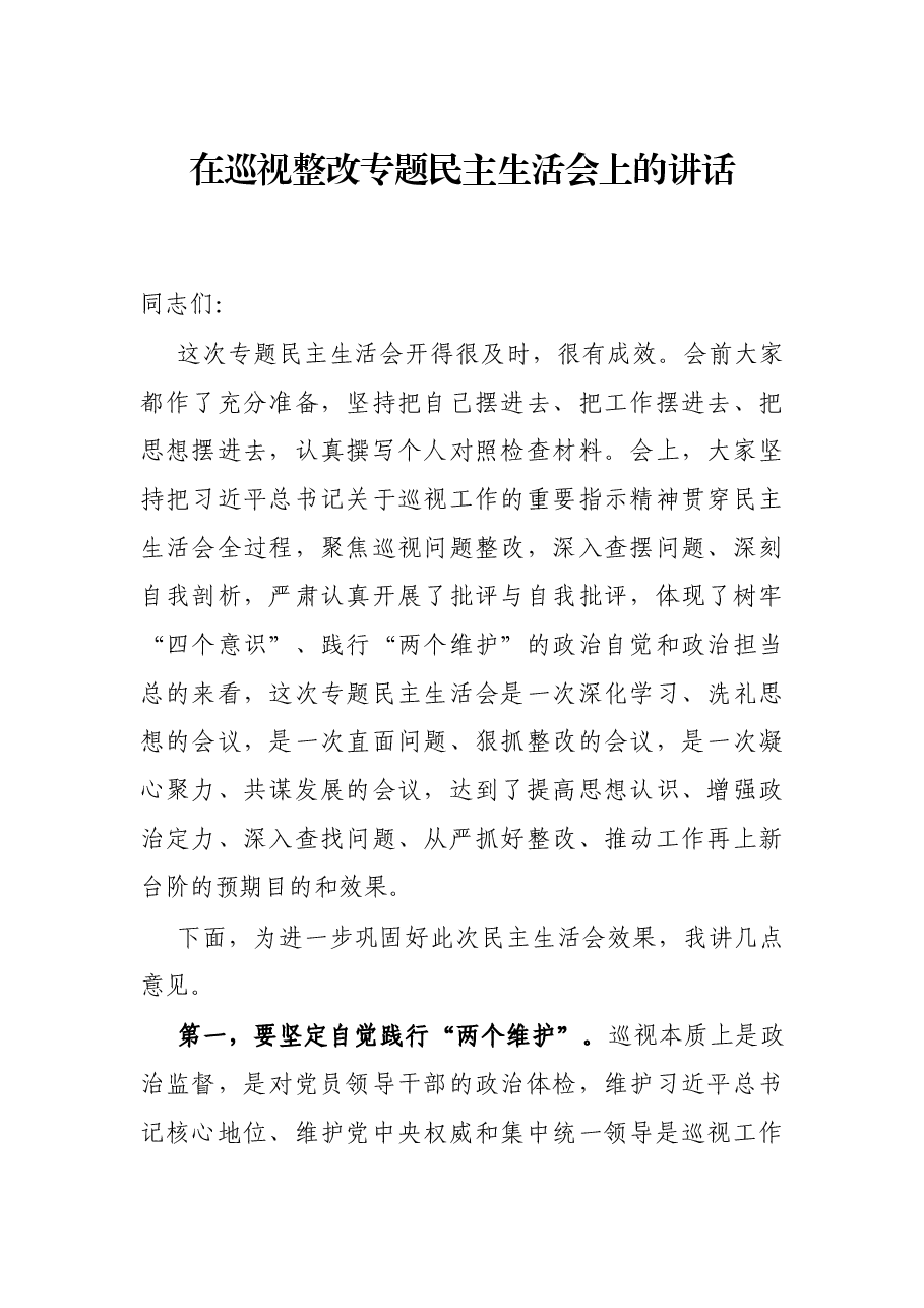 在巡视整改专题民主生活会上的讲话.docx,第1页预览