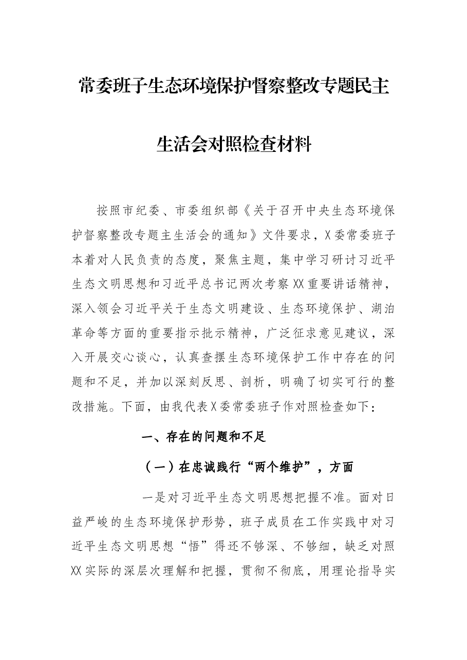 常委班子生态环境保护督察整改专题民主生活会对照检查材料.docx,第1页预览