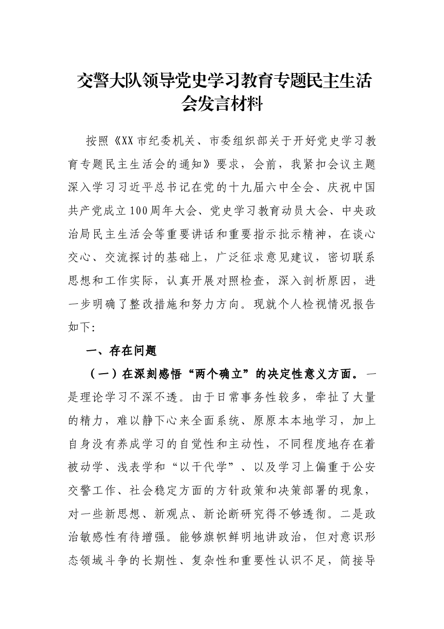 交警大队领导党史学习教育专题民主生活会发言材料.docx，第1页预览