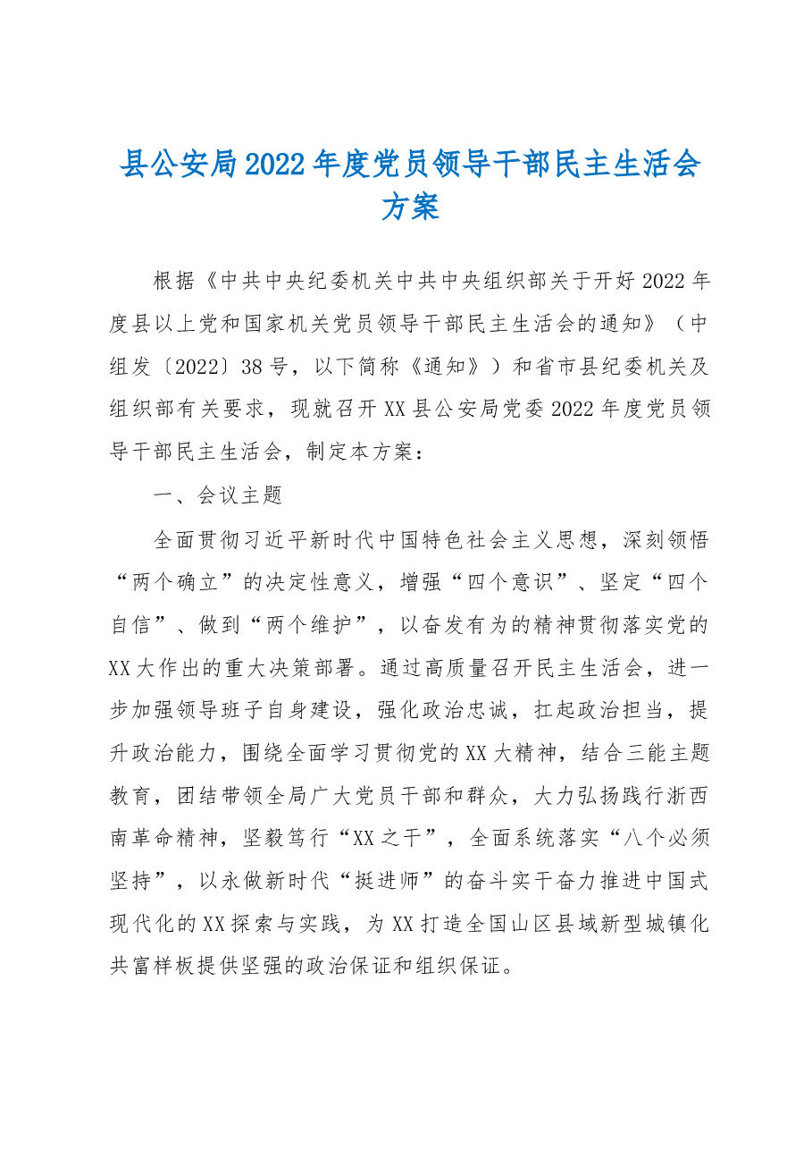 县公安局2022年度党员领导干部民主生活会方案.docx,第1页预览