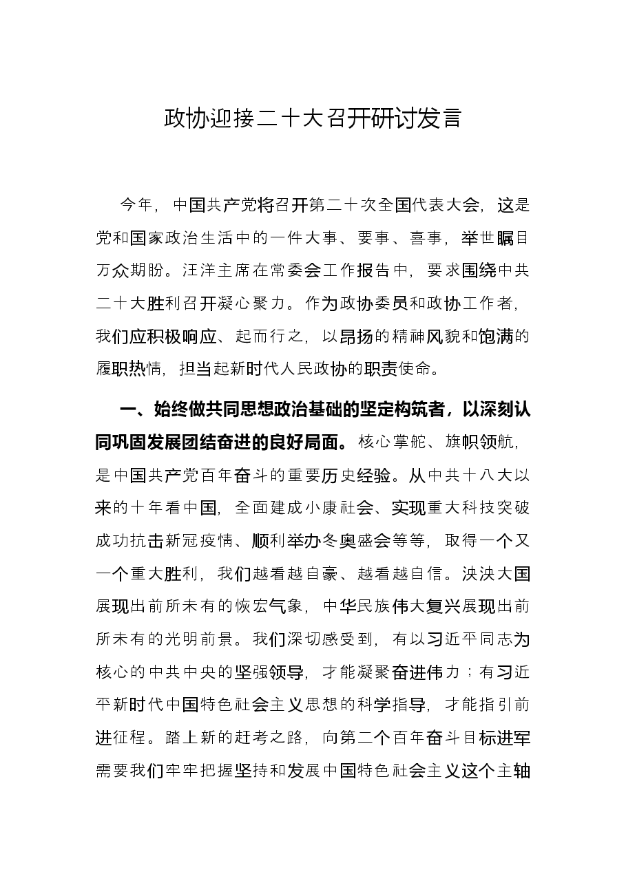 政协迎接二十大召开研讨发言.docx，第1页预览