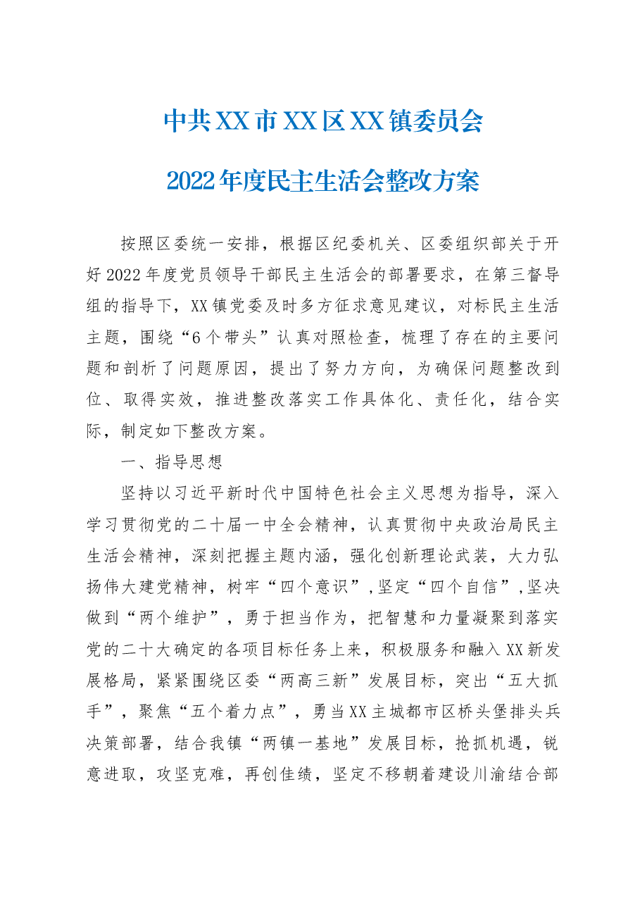 乡镇街道2022年度民主生活会整改方案.docx,第1页预览