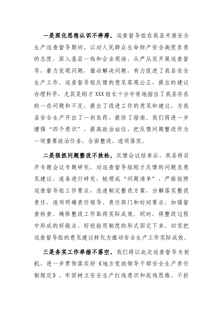 在X市安全生产巡查督导反馈会上的表态发言.docx,第2页预览