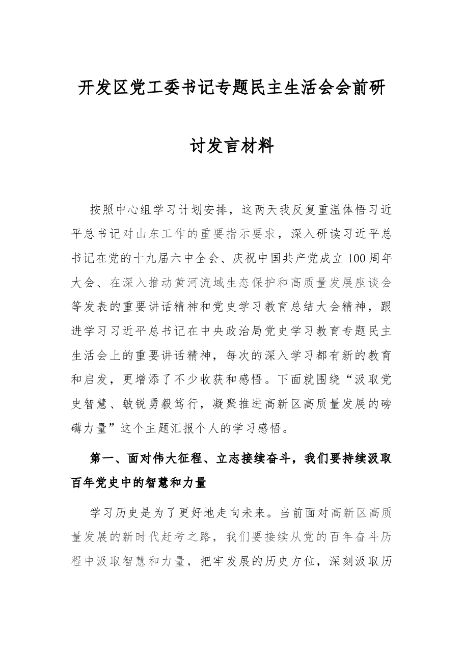 开发区党工委书记专题民主生活会会前研讨发言材料.docx，第1页预览