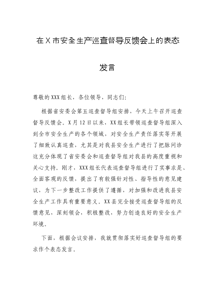 在X市安全生产巡查督导反馈会上的表态发言.docx,第1页预览