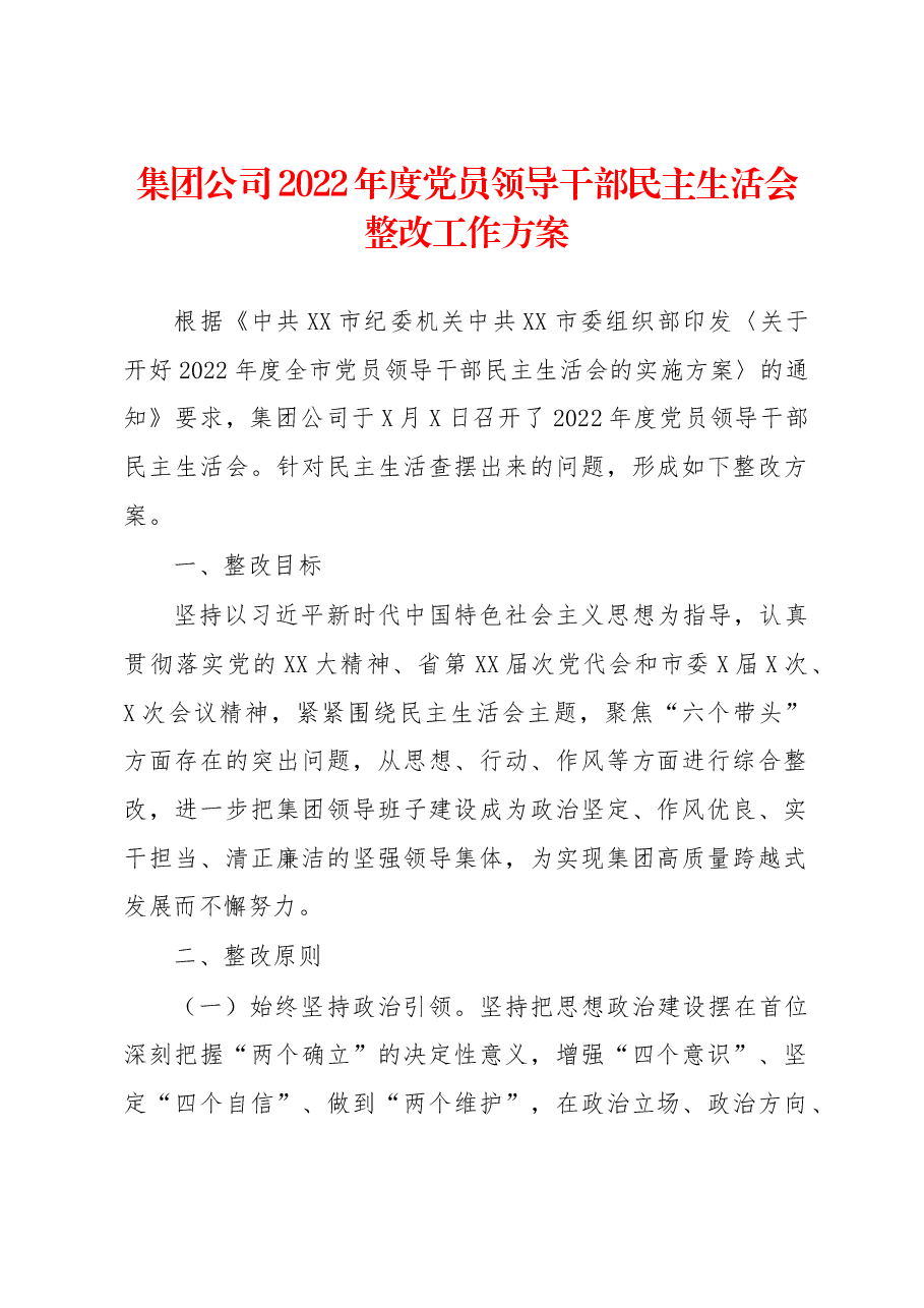 集团公司2022年度党员领导干部民主生活会整改工作方案.docx，第1页预览
