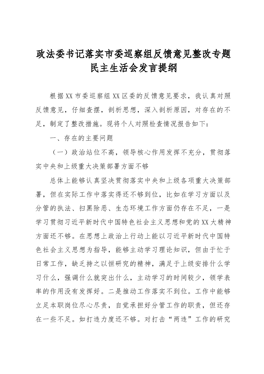政法委书记落实市委巡察组反馈意见整改专题民主生活会发言提纲.docx,第1页预览