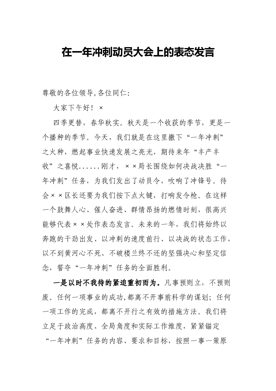 在一年冲刺动员大会上的表态发言.docx,第1页预览