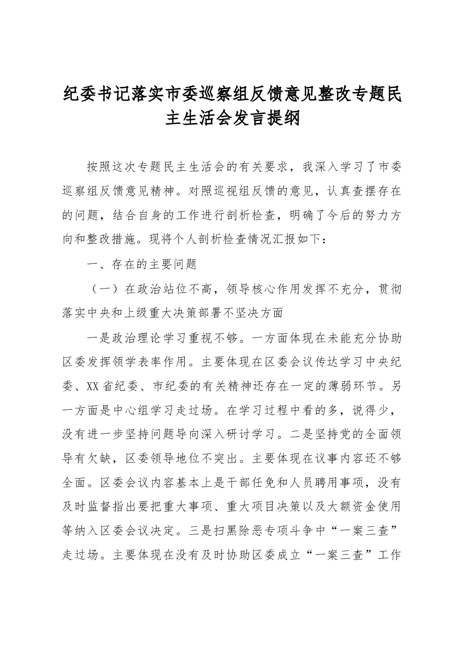 纪委书记落实市委巡察组反馈意见整改专题民主生活会发言提纲.docx，第1页预览