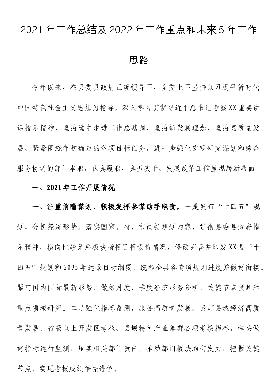 2021年工作总结及2022年工作重点和未来5年工作思路.docx,第1页预览