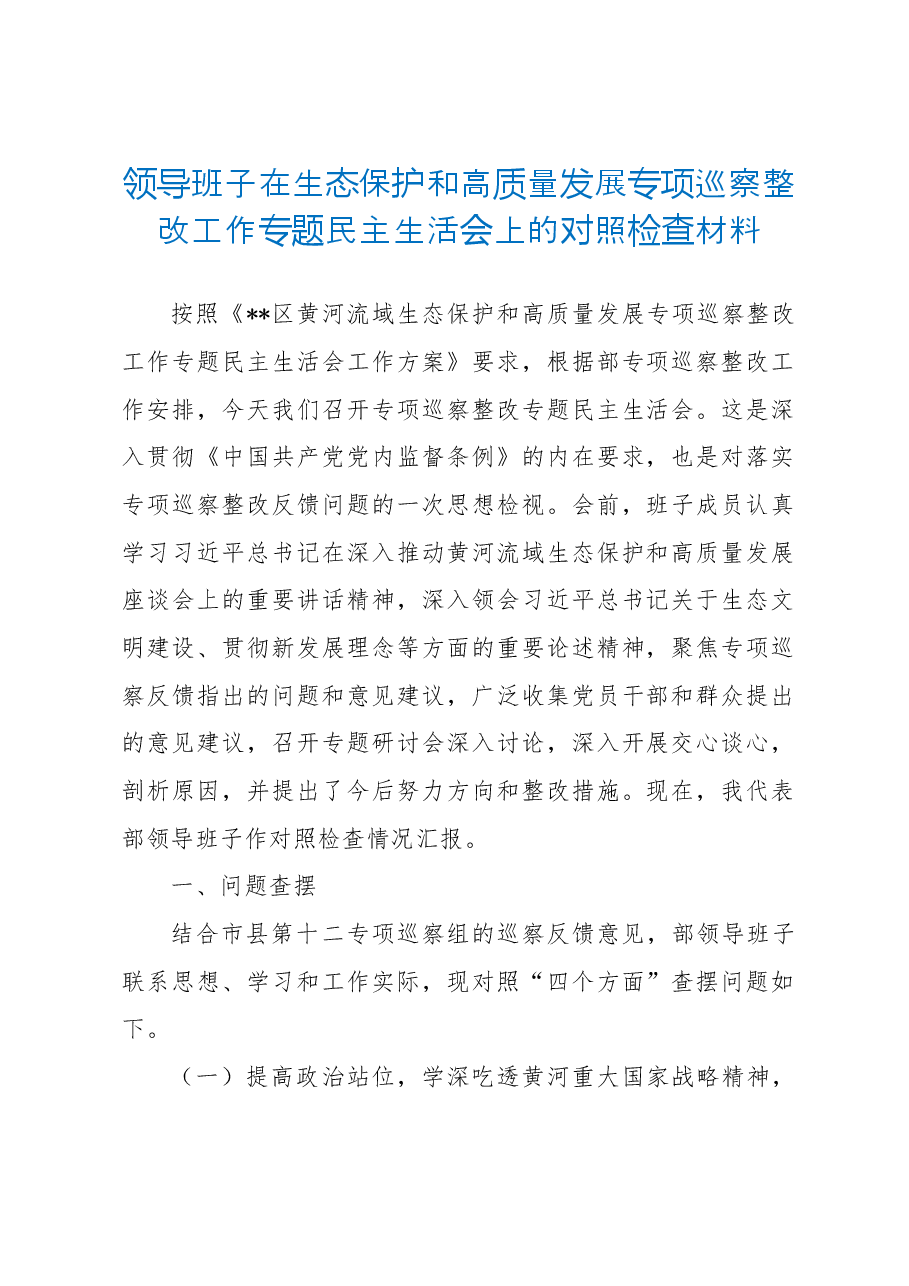 在生态保护和高质量发展专项巡察整改工作专题民主生活会上的对照检查材料.doc，第1页预览