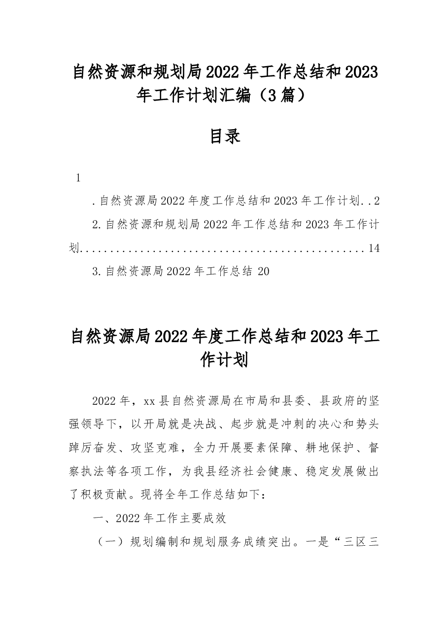(3篇)自然资源和规划局2022年工作总结和2023年工作计划汇编.docx,第1页预览