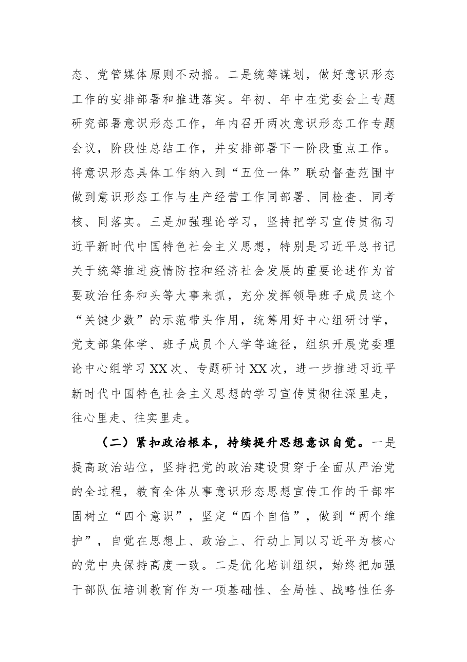 2021年XX公司意识形态、思想宣传工作总结.docx,第2页预览