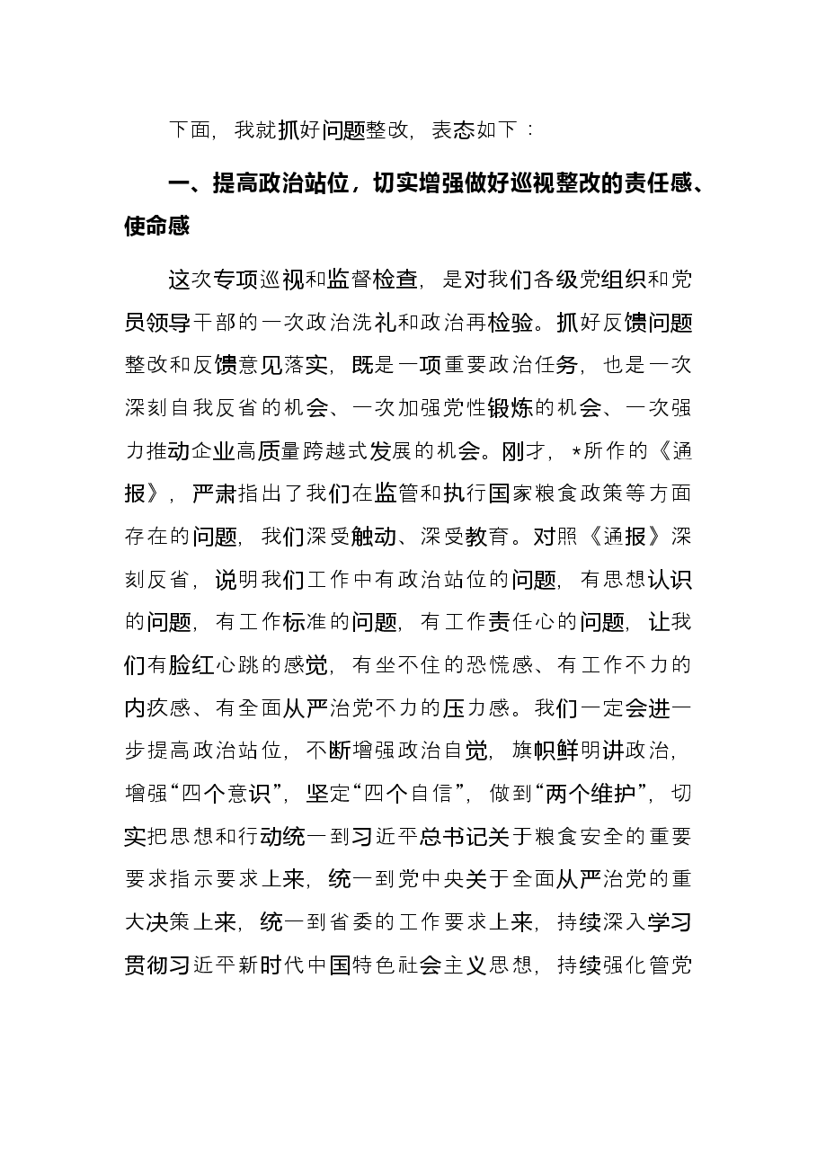 在涉粮问题集中反馈暨整改部署推进会上的表态发言.docx,第2页预览