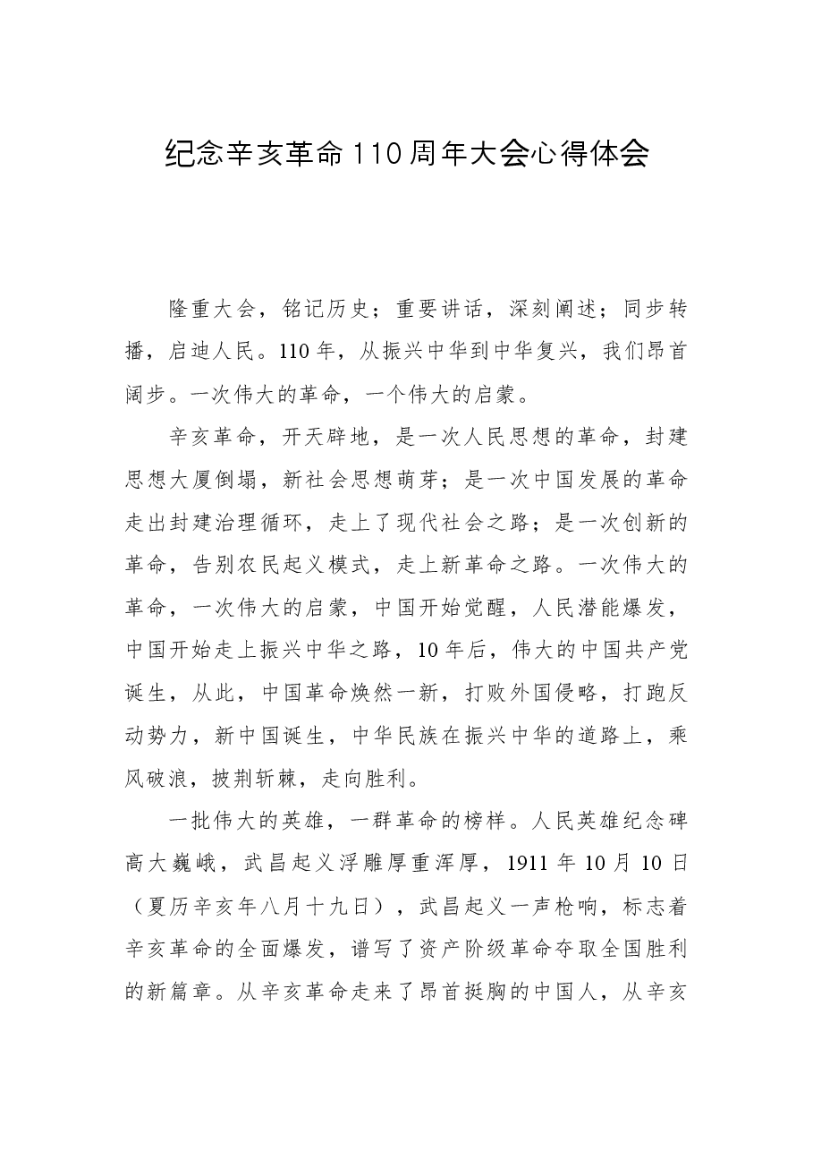 纪念辛亥革命110周年大会心得体会(1).docx,第1页预览
