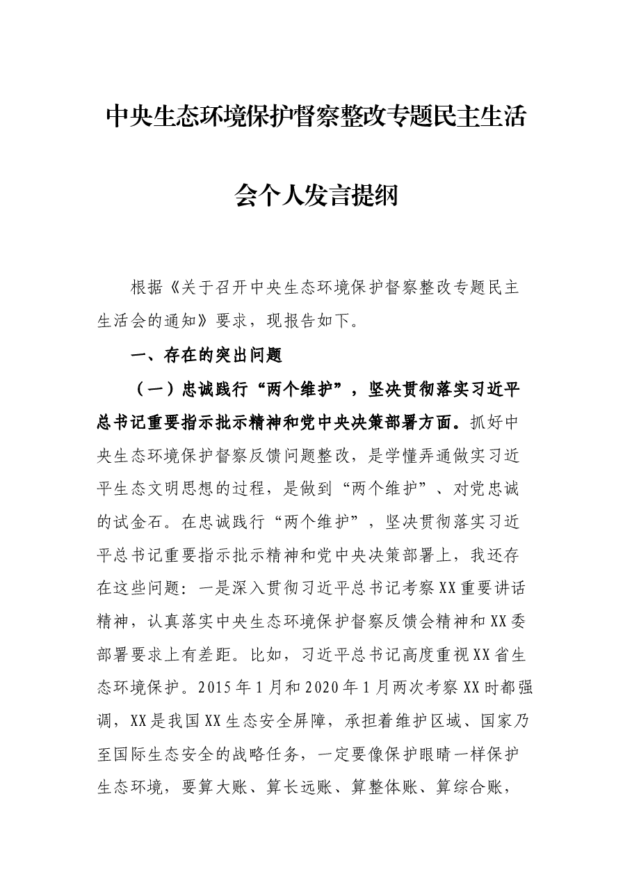 中央生态环境保护督察整改专题民主生活会个人发言提纲.docx,第1页预览