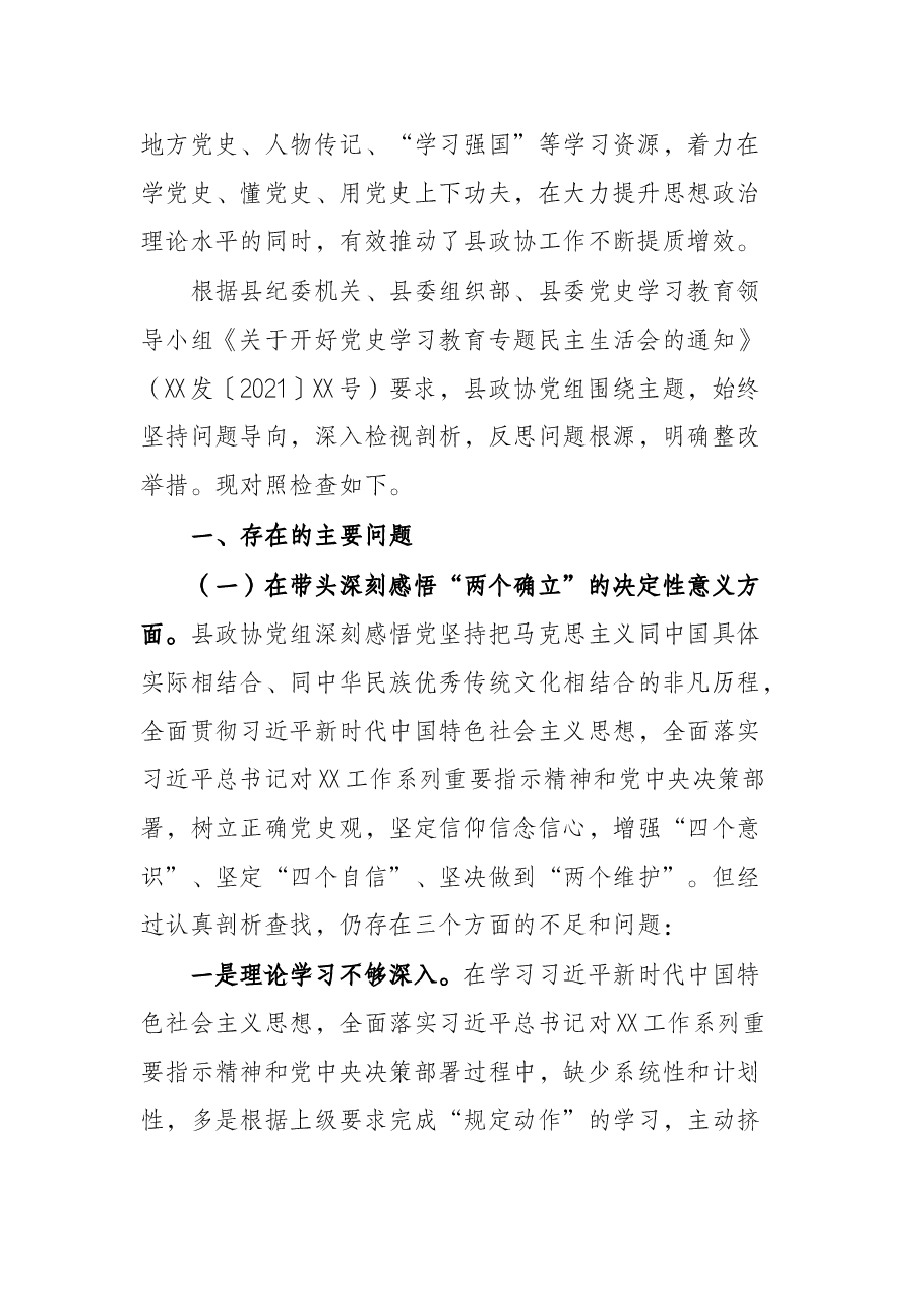 县政协党组班子党史学习教育专题民主生活会对照检查材料.docx,第2页预览