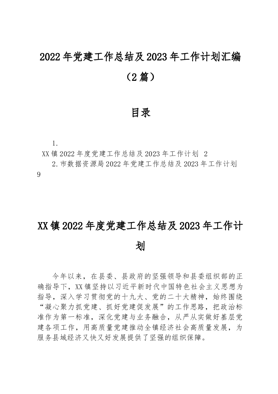 (2篇)2022年党建工作总结及2023年工作计划汇编.docx,第1页预览