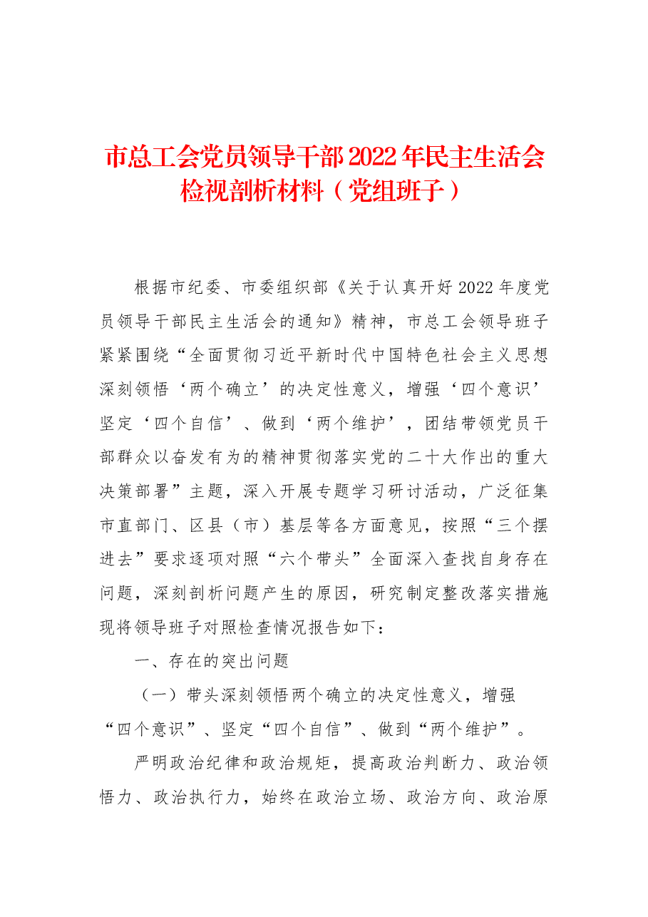 市总工会党员领导干部2022年民主生活会检视剖析材料(党组班子).docx,第1页预览