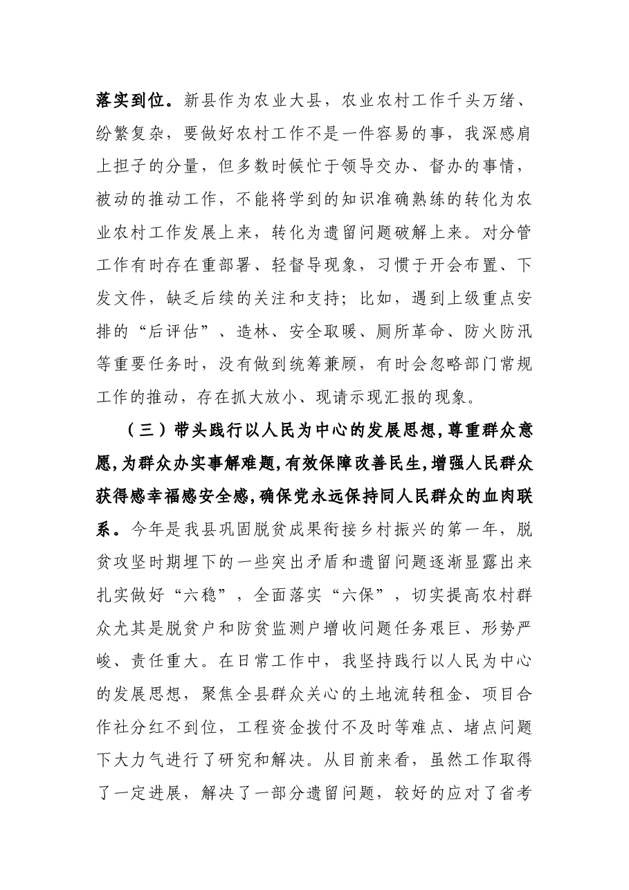 副县长党史学习教育专题民主生活会五个带头发言提纲.docx,第3页预览