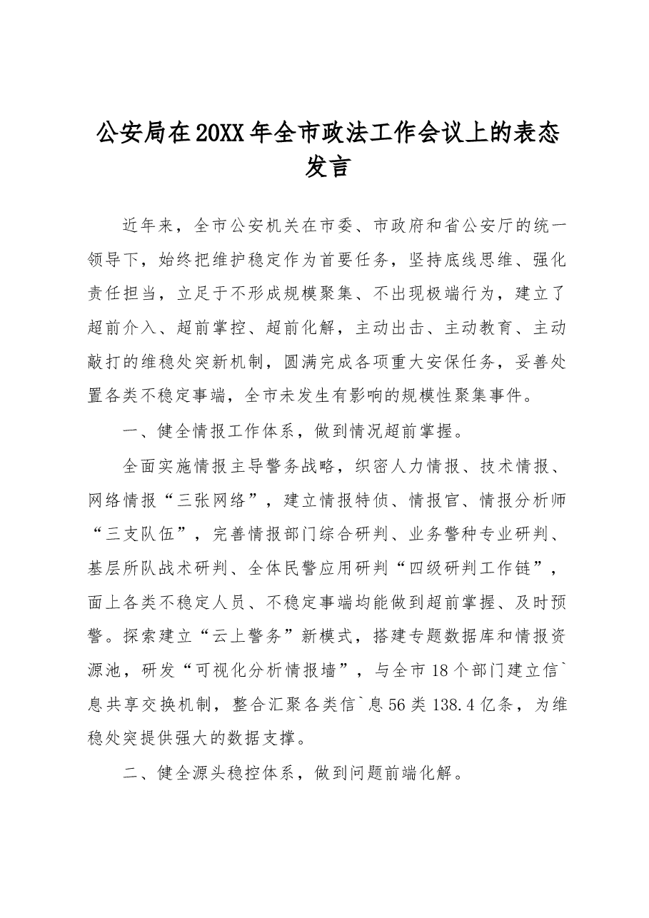 公安局在20XX年全市政法工作会议上的表态发言.docx,第1页预览