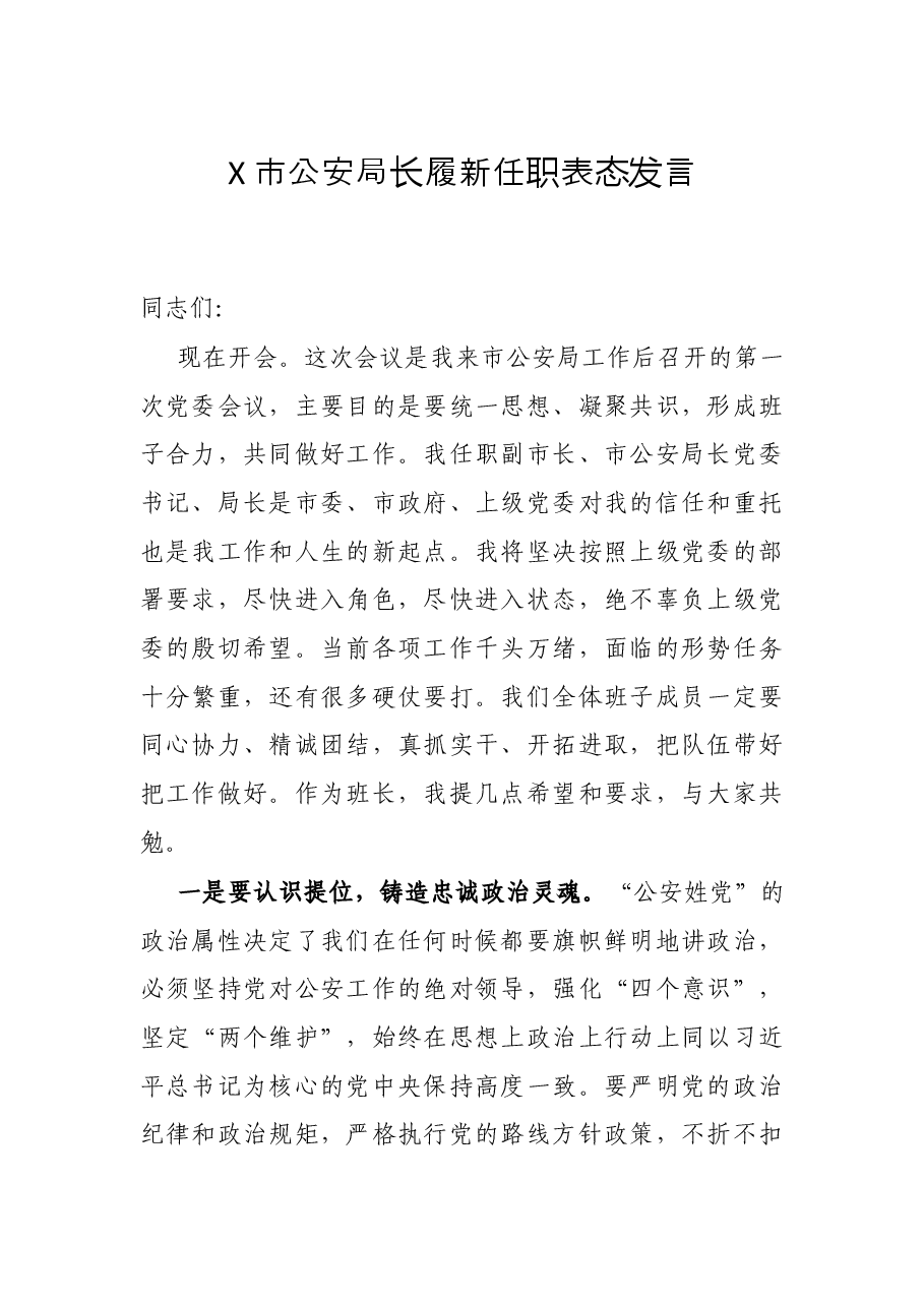X市公安局长履新任职表态发言.docx,第1页预览