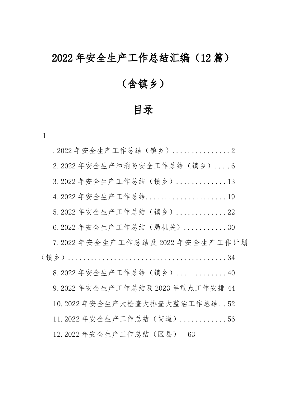 (12篇)2022年安全生产工作总结汇编(含镇乡).docx,第1页预览