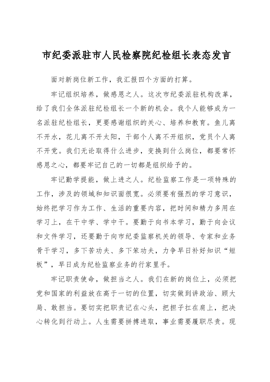 市纪委派驻市人民检察院纪检组长表态发言.docx,第1页预览