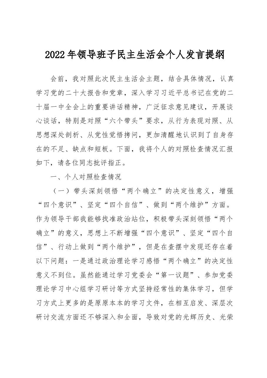 总经理领导班子民主生活会个人发言提纲.docx，第1页预览