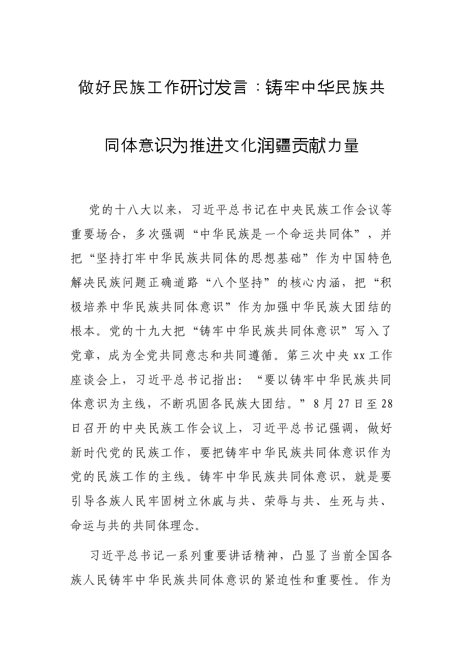 做好民族工作研讨发言:铸牢中华民族共同体意识为推进文化润疆贡献力量.docx,第1页预览